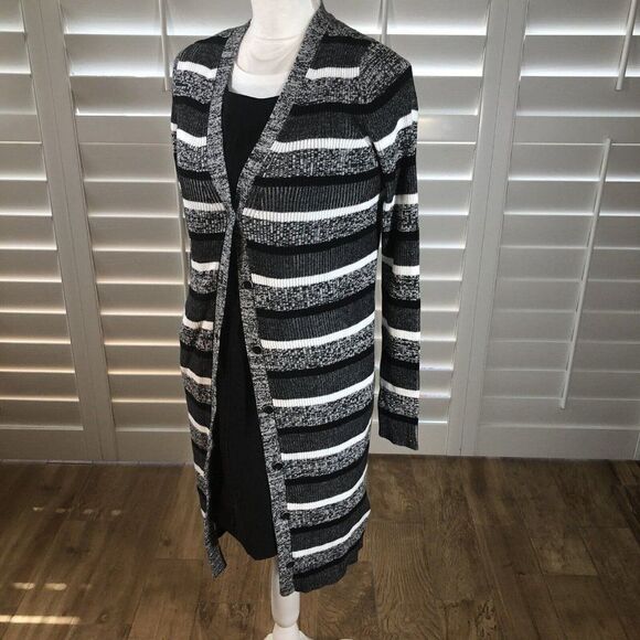 Tommy Hilfiger Long Black And White Sweater Cardigan XS Ribbed Stretch Button - Picture 6 of 12